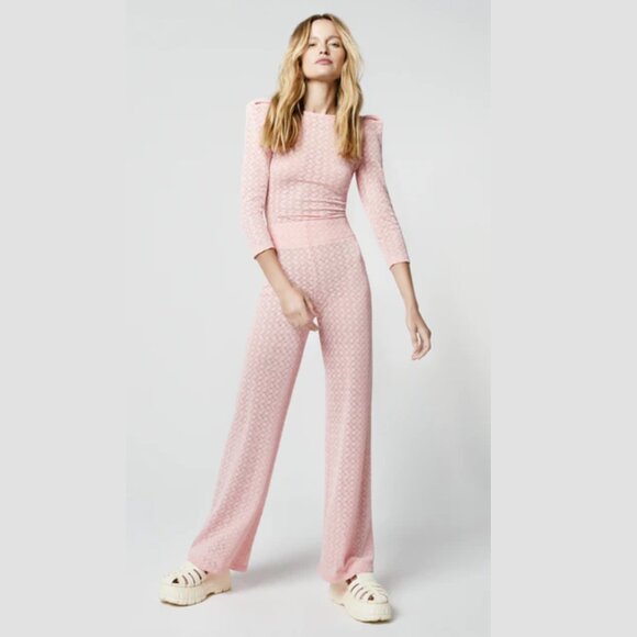 NWT Smythe Women's Pink Pointelle Knit Wide Leg Pull On Pants Soft Girl Lounge - Picture 1 of 7